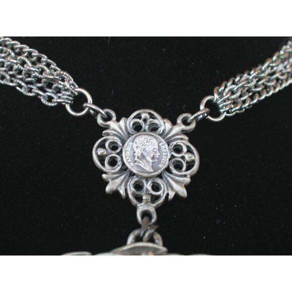 Goldette  Medallion Necklace With Greek Coin Design & Chain Tassels - Picture 5 of 7